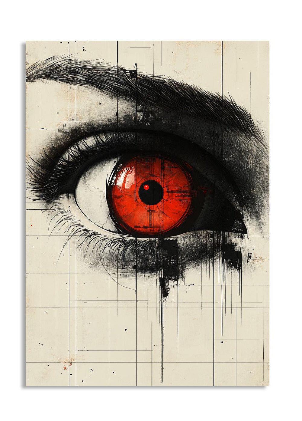 Artistic depiction of a stylized eye with a red iris on a textured beige background, as a premium aluminum metal print from GoMetalPrint.
