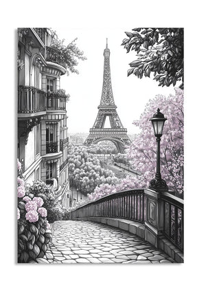 Illustration of a Parisian scene with the Eiffel Tower, buildings, and a bridge with pink flowers, as a premium aluminum metal print from GoMetalPrint.
