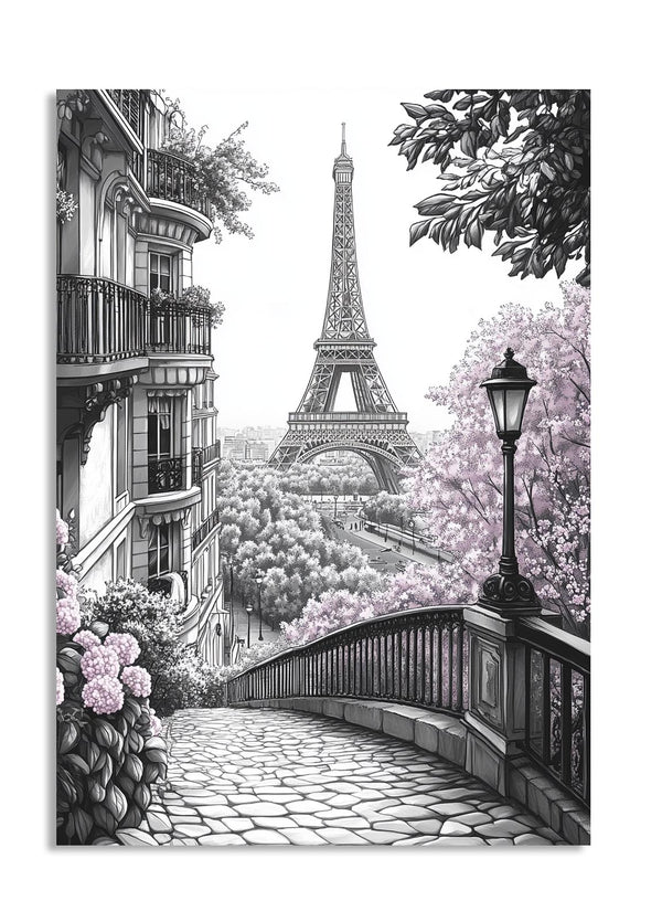 Illustration of a Parisian scene with the Eiffel Tower, buildings, and a bridge with pink flowers, as a premium aluminum metal print from GoMetalPrint.
