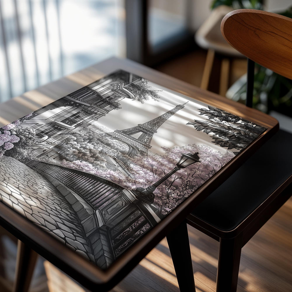 Illustration of a Parisian scene with the Eiffel Tower, buildings, and a bridge with pink flowers, as a premium aluminum metal print from GoMetalPrint.
