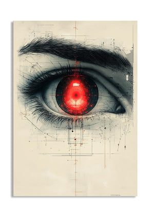 Artistic depiction of a human eye with a red glow on a technical drawing background, as a premium aluminum metal print from GoMetalPrint.
