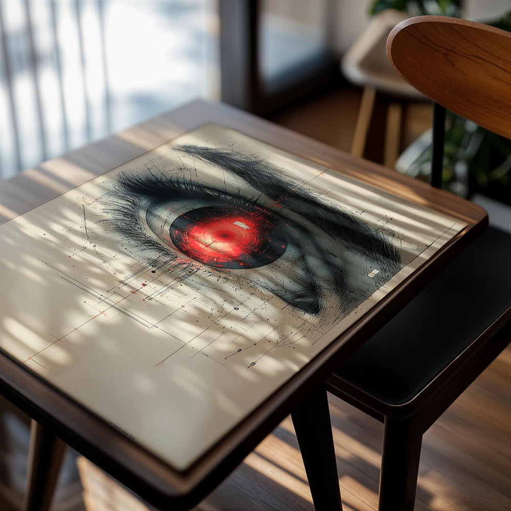 Artistic depiction of a human eye with a red glow on a technical drawing background, as a premium aluminum metal print from GoMetalPrint.
