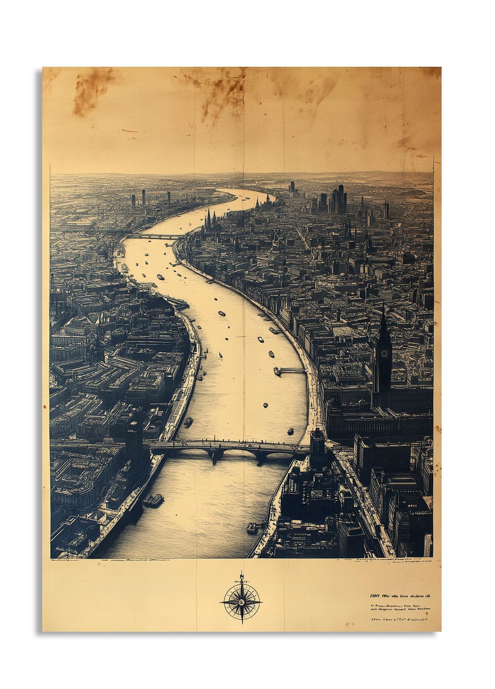 Vintage-style map or poster of a city with a river and bridge, as a premium aluminum metal print from GoMetalPrint.

