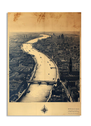 Vintage-style map or poster of a city with a river and bridge, as a premium aluminum metal print from GoMetalPrint.
