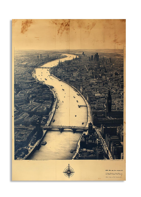 Vintage-style map or poster of a city with a river and bridge, as a premium aluminum metal print from GoMetalPrint.
