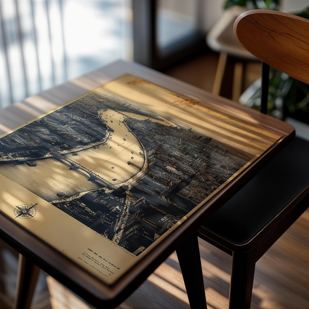 Vintage-style map or poster of a city with a river and bridge, as a premium aluminum metal print from GoMetalPrint.
