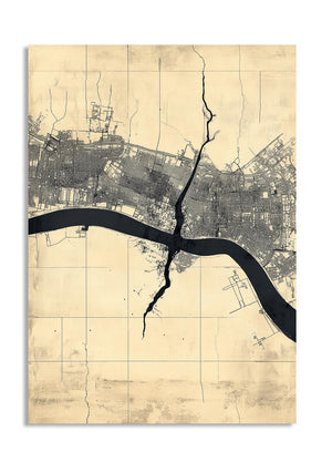 Vintage-style city map with a river running through it on a beige background, as a premium aluminum metal print from GoMetalPrint.
