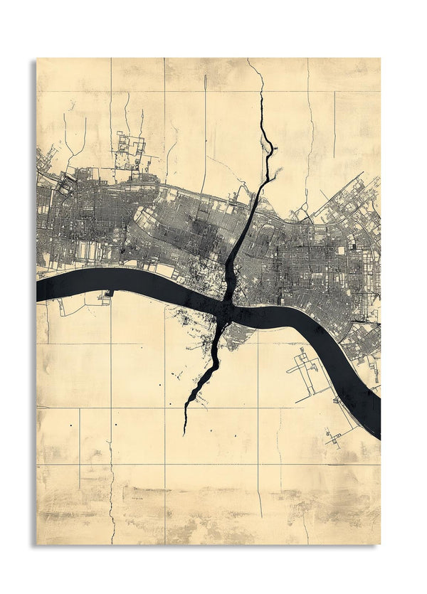 Vintage-style city map with a river running through it on a beige background, as a premium aluminum metal print from GoMetalPrint.
