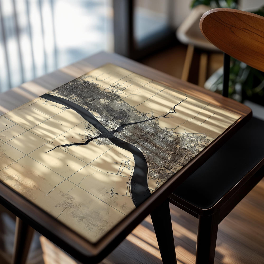 Vintage-style city map with a river running through it on a beige background, as a premium aluminum metal print from GoMetalPrint.
