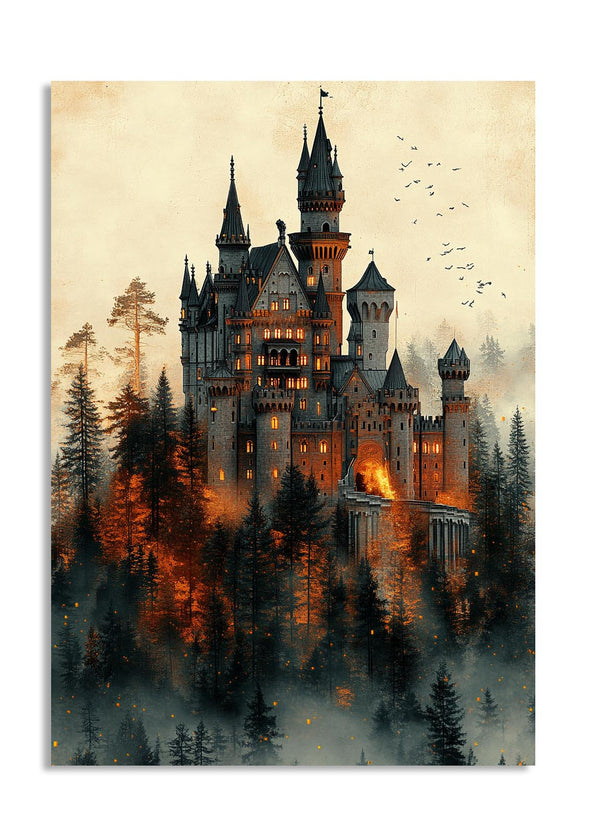 Fantasy castle in a forest with a warm glow, surrounded by trees, as a premium aluminum metal print from GoMetalPrint.
