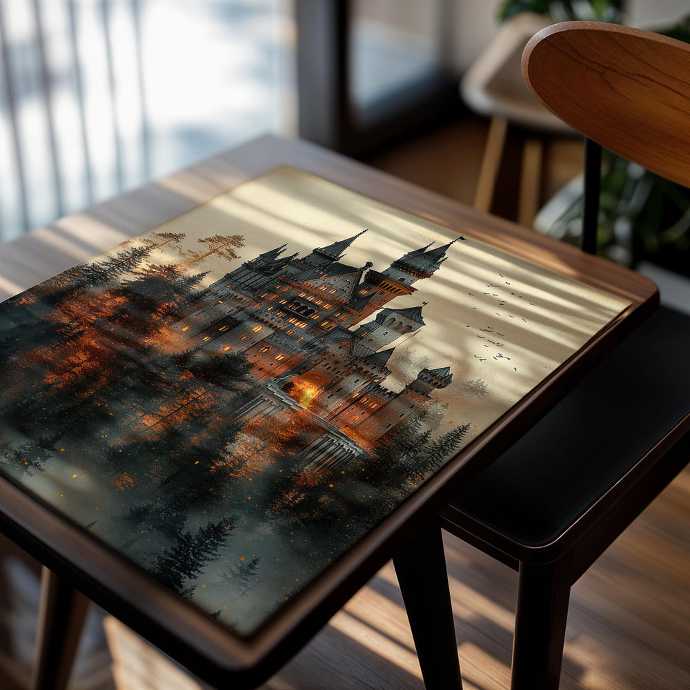 Fantasy castle in a forest with a warm glow, surrounded by trees, as a premium aluminum metal print from GoMetalPrint.
