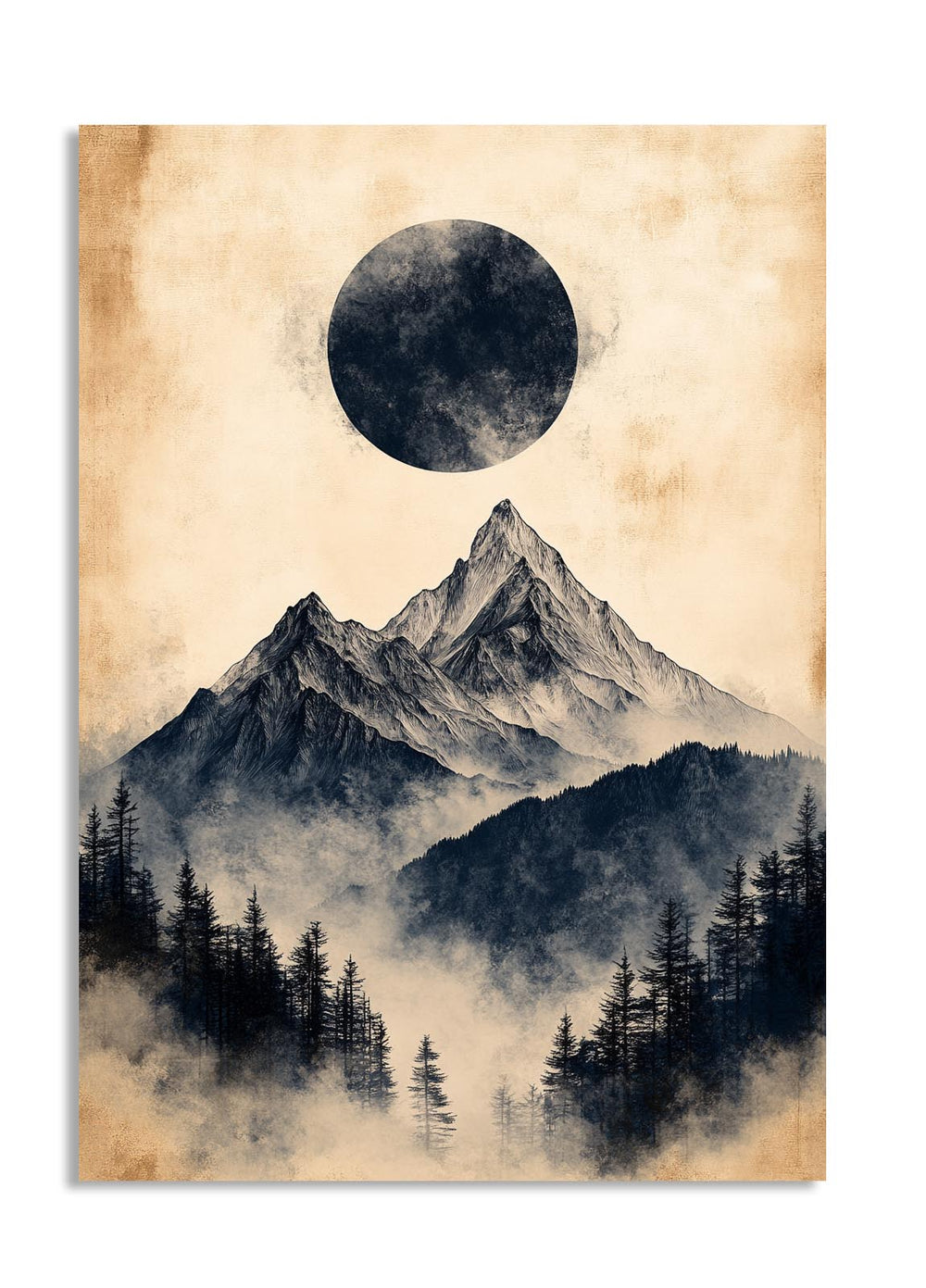Mountain landscape with a large moon on a beige background, as a premium aluminum metal print from GoMetalPrint.
