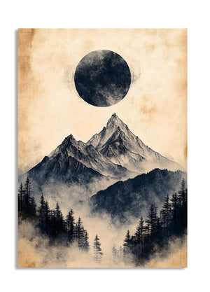 Mountain landscape with a large moon on a beige background, as a premium aluminum metal print from GoMetalPrint.
