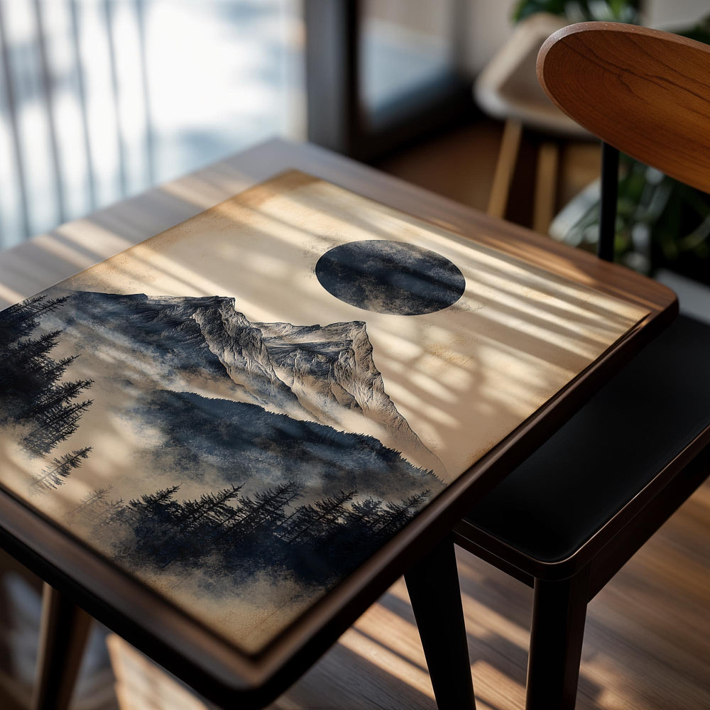 Mountain landscape with a large moon on a beige background, as a premium aluminum metal print from GoMetalPrint.
