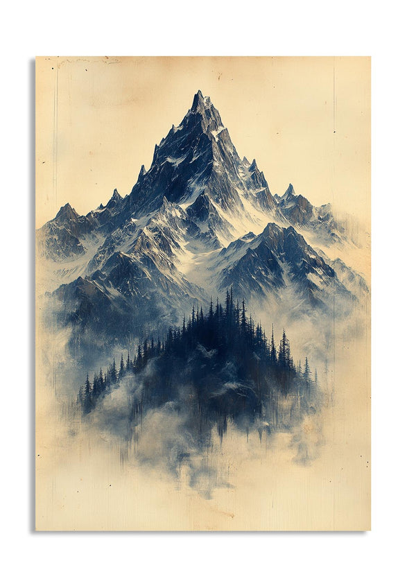 Artistic depiction of mountains and trees on a textured beige background, as a premium aluminum metal print from GoMetalPrint.
