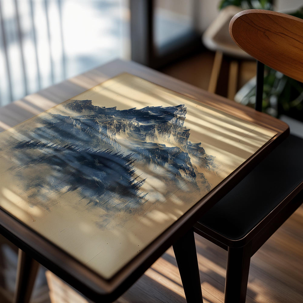 Artistic depiction of mountains and trees on a textured beige background, as a premium aluminum metal print from GoMetalPrint.
