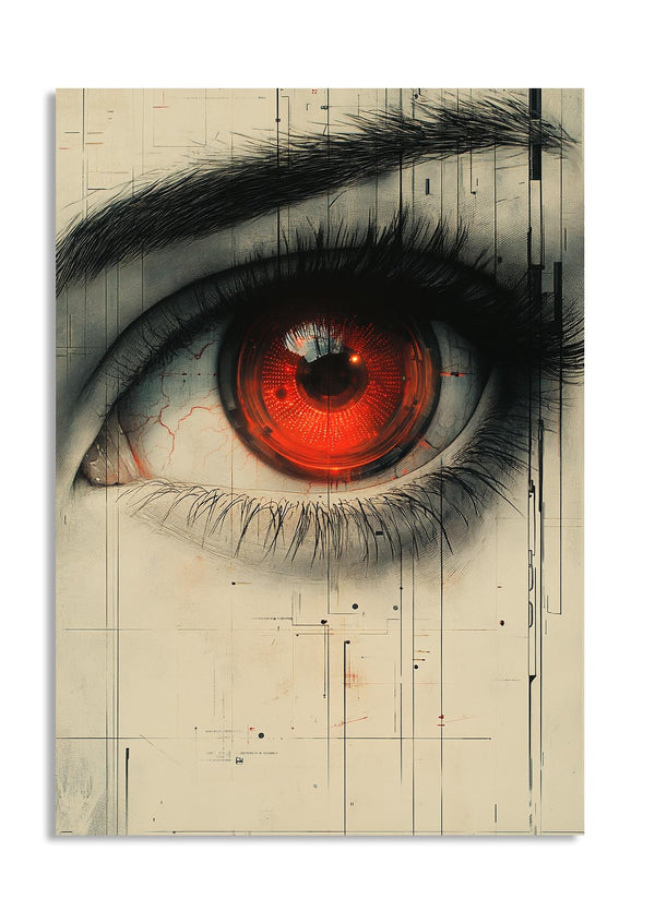 Artistic depiction of a red eye with intricate details on a textured background , as a premium aluminum metal print from GoMetalPrint.
