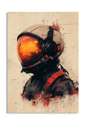 Artistic depiction of a person in a spacesuit with a fiery helmet on a textured beige background, as a premium aluminum metal print from GoMetalPrint.
