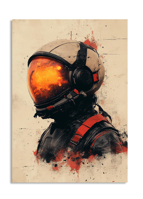 Artistic depiction of a person in a spacesuit with a fiery helmet on a textured beige background, as a premium aluminum metal print from GoMetalPrint.
