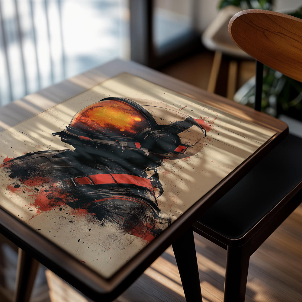 Artistic depiction of a person in a spacesuit with a fiery helmet on a textured beige background, as a premium aluminum metal print from GoMetalPrint.
