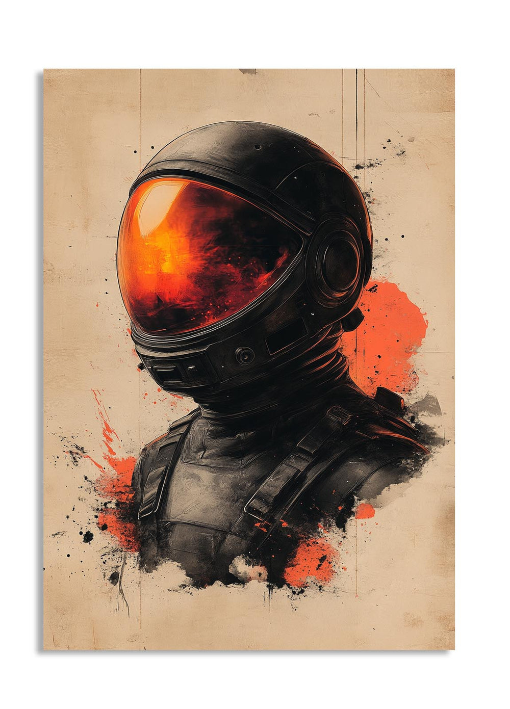 Artistic depiction of a person wearing a black astronaut helmet with orange visor on a beige background, as a premium aluminum metal print from GoMetalPrint.
