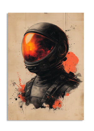 Artistic depiction of a person wearing a black astronaut helmet with orange visor on a beige background, as a premium aluminum metal print from GoMetalPrint.
