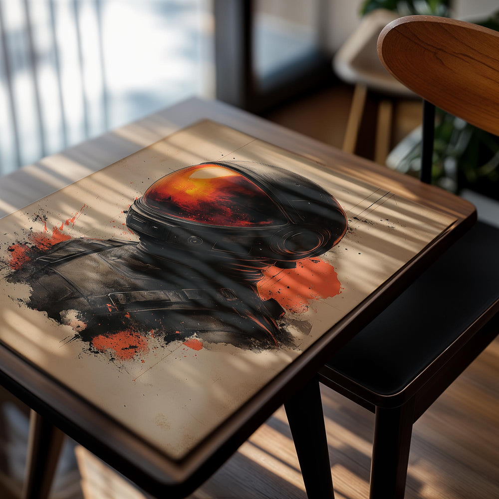 Artistic depiction of a person wearing a black astronaut helmet with orange visor on a beige background, as a premium aluminum metal print from GoMetalPrint.
