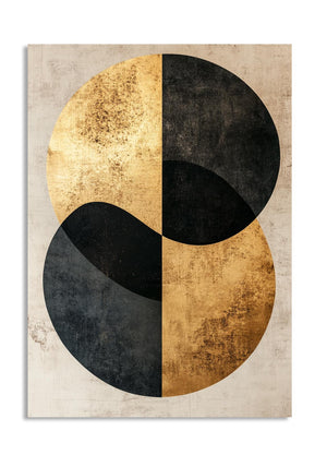 Abstract art print with gold and black circles on a textured beige background , as a premium aluminum metal print from GoMetalPrint.
