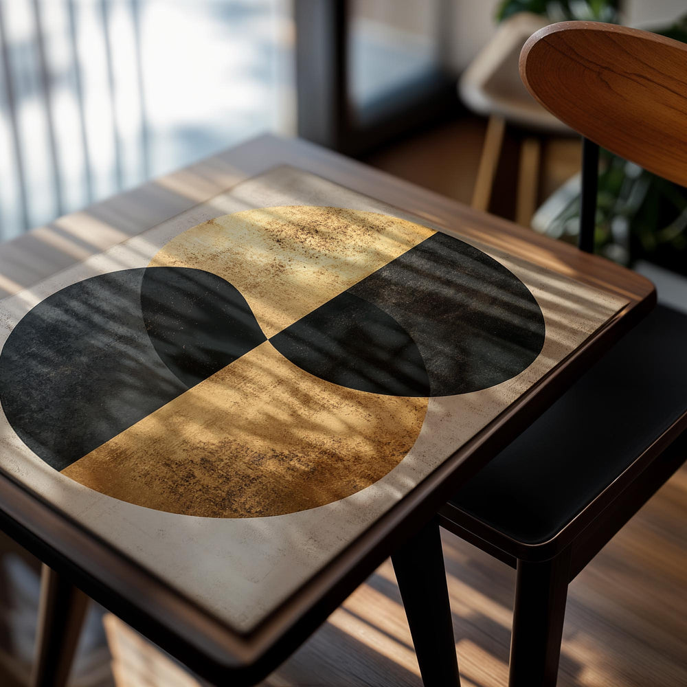 Abstract art print with gold and black circles on a textured beige background , as a premium aluminum metal print from GoMetalPrint.
