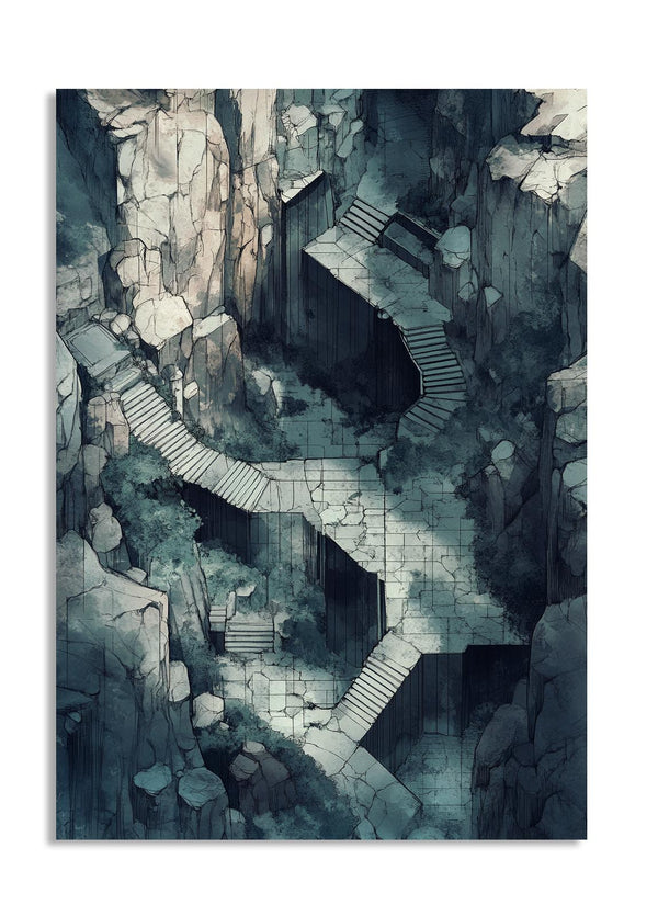 Artistic depiction of a stone pathway through a rocky landscape, as a premium aluminum metal print from GoMetalPrint.
