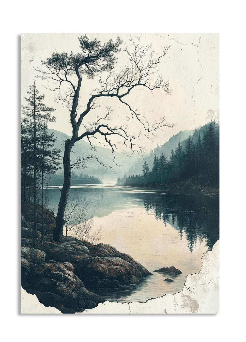 Scenic landscape with a tree by a lake, surrounded by mountains, as a premium aluminum metal print from GoMetalPrint.
