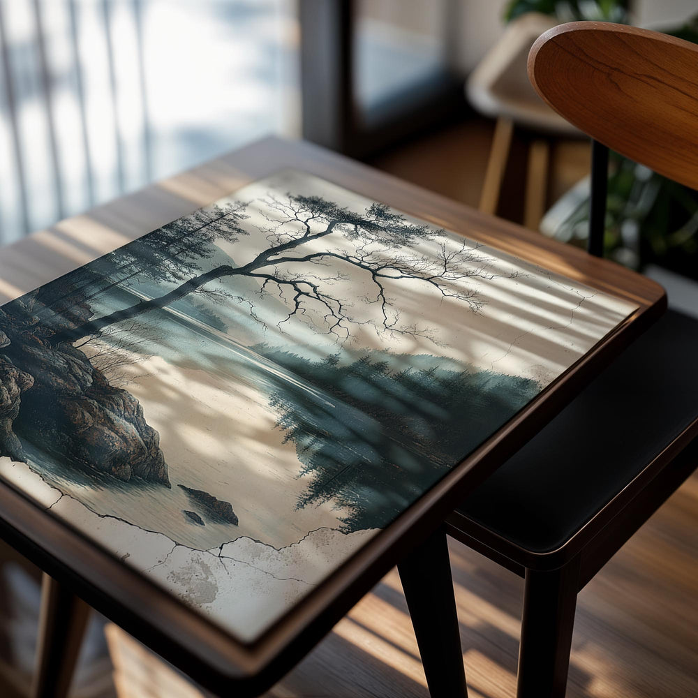 Scenic landscape with a tree by a lake, surrounded by mountains, as a premium aluminum metal print from GoMetalPrint.
