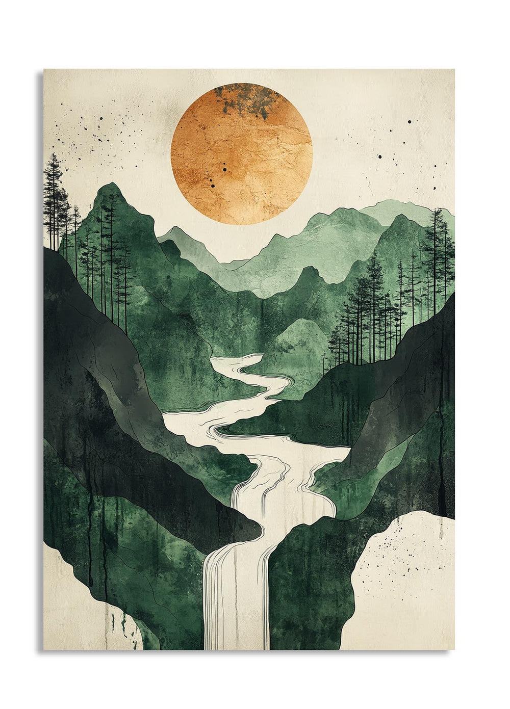 Artistic depiction of a mountain landscape with a river, trees, and a large sun, as a premium aluminum metal print from GoMetalPrint.

