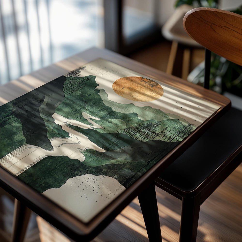 Artistic depiction of a mountain landscape with a river, trees, and a large sun, as a premium aluminum metal print from GoMetalPrint.
