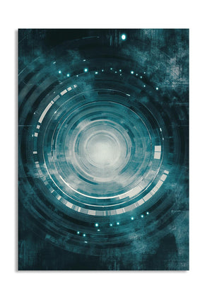 Abstract circular design with teal and gray colors on a white background, as a premium aluminum metal print from GoMetalPrint.
