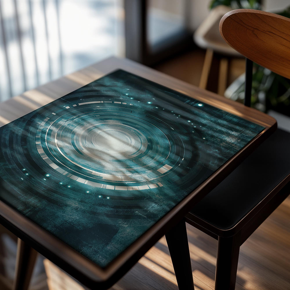 Abstract circular design with teal and gray colors on a white background, as a premium aluminum metal print from GoMetalPrint.
