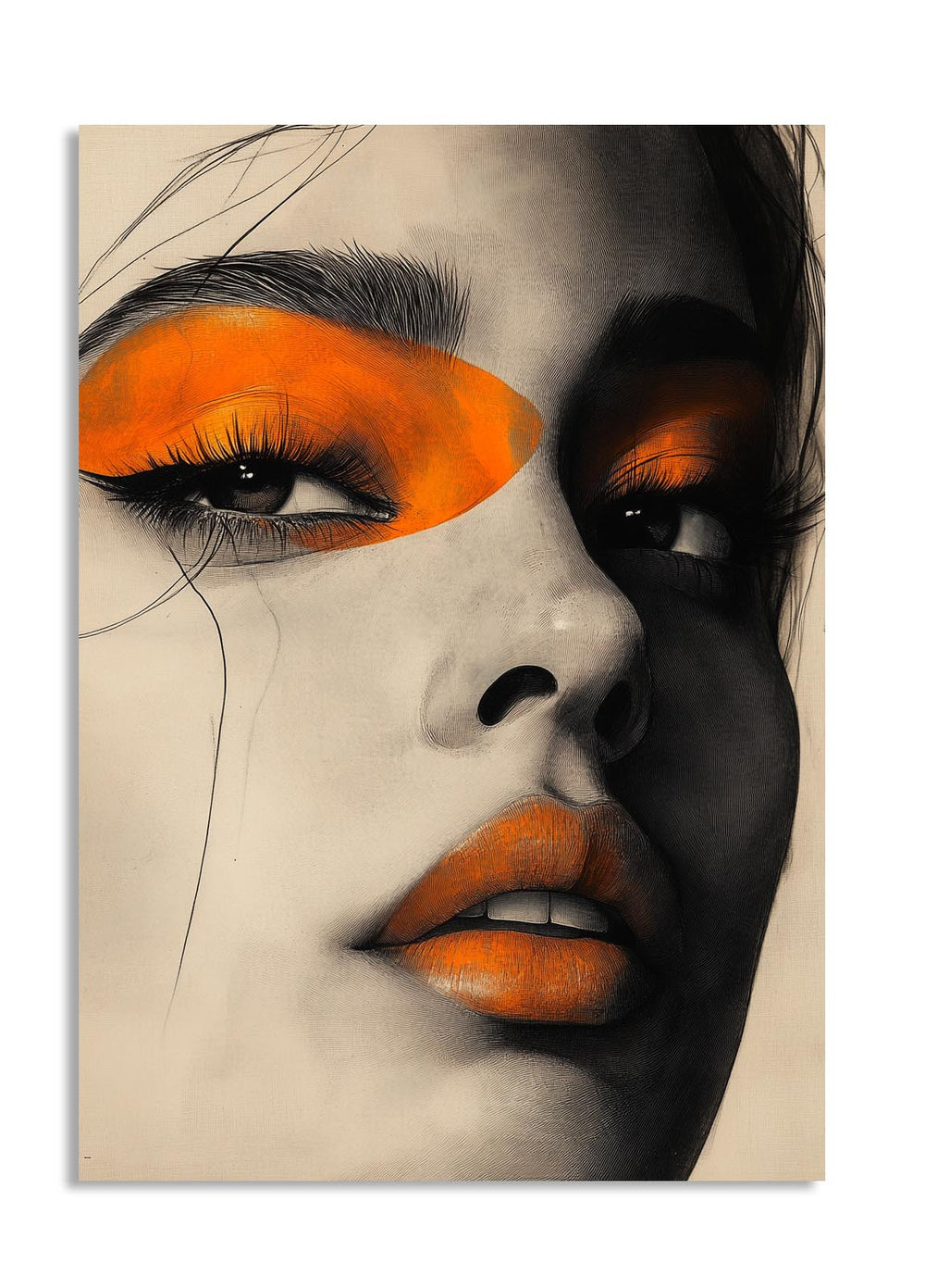 Artistic depiction of a face with orange eye makeup and black hair, as a premium aluminum metal print from GoMetalPrint.
