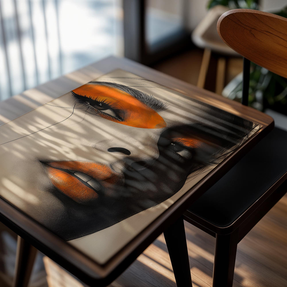 Artistic depiction of a face with orange eye makeup and black hair, as a premium aluminum metal print from GoMetalPrint.
