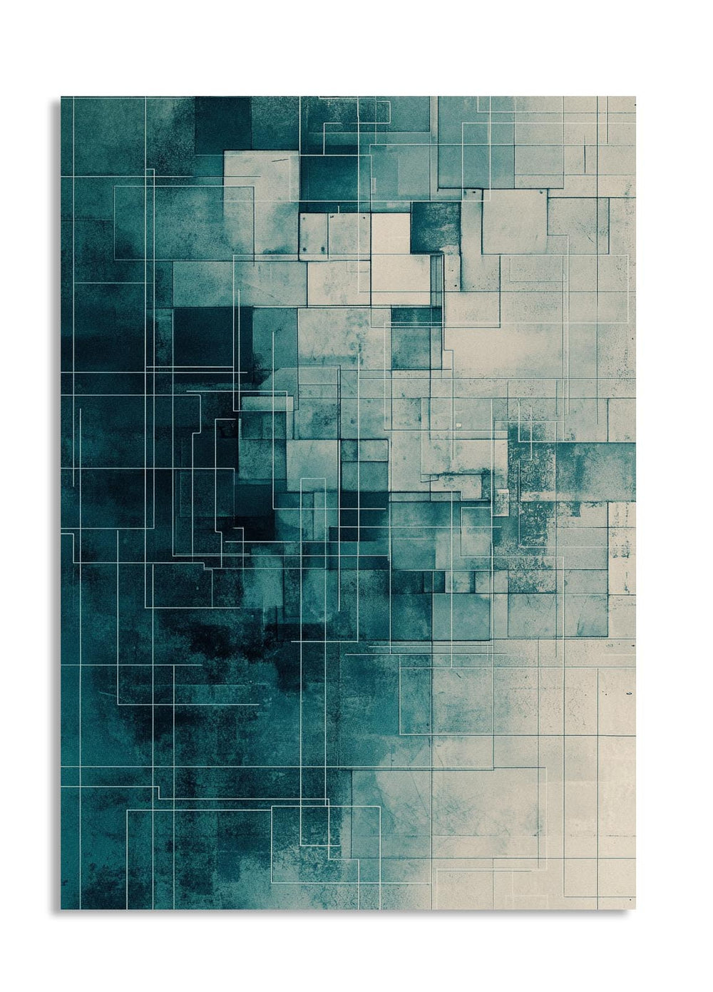 Abstract geometric rug with a pattern of squares in teal and beige tones, as a premium aluminum metal print from GoMetalPrint.
