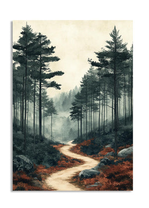Winding path through a forest with tall trees and misty atmosphere, as a premium aluminum metal print from GoMetalPrint.

