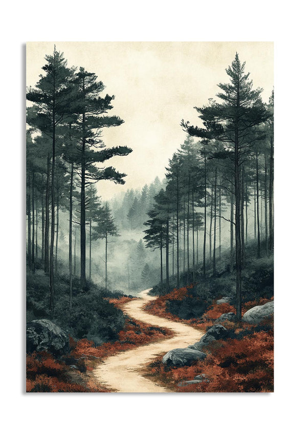 Winding path through a forest with tall trees and misty atmosphere, as a premium aluminum metal print from GoMetalPrint.
