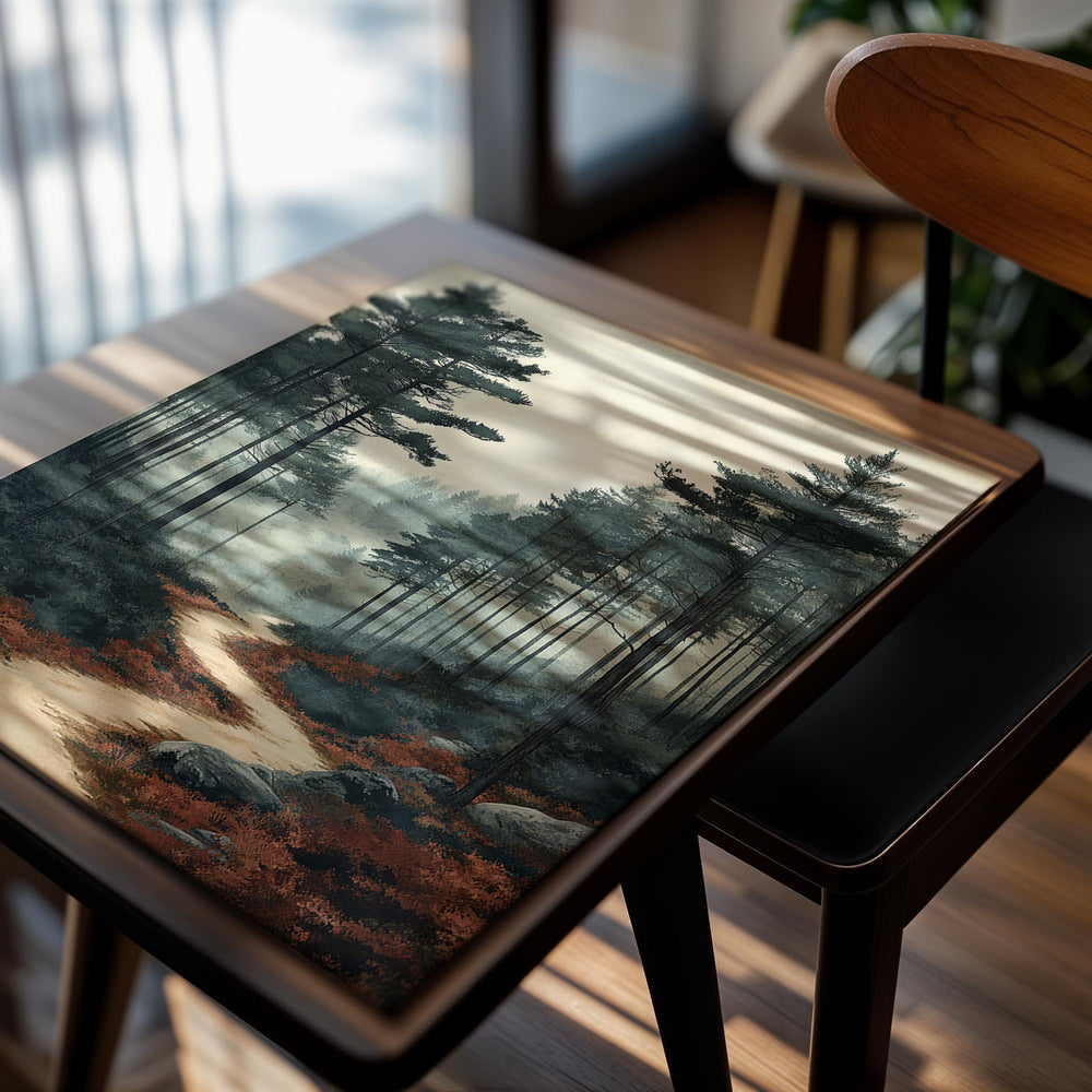 Winding path through a forest with tall trees and misty atmosphere, as a premium aluminum metal print from GoMetalPrint.
