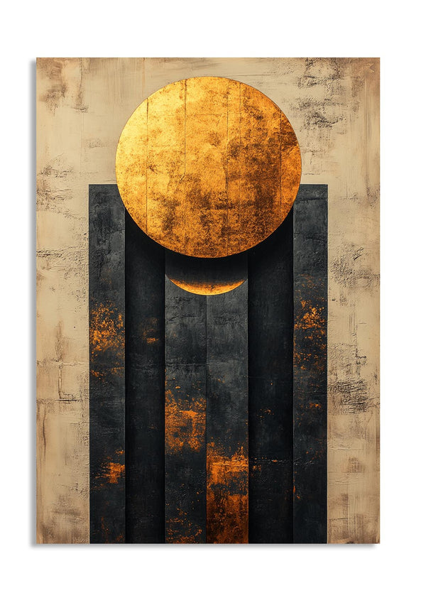 Abstract art piece with a gold circle and black vertical stripes on a textured beige background, as a premium aluminum metal print from GoMetalPrint.
