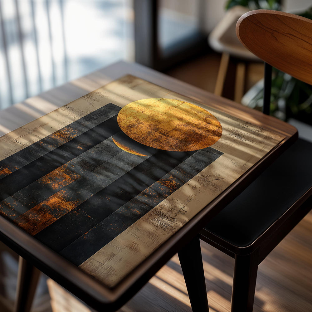 Abstract art piece with a gold circle and black vertical stripes on a textured beige background, as a premium aluminum metal print from GoMetalPrint.
