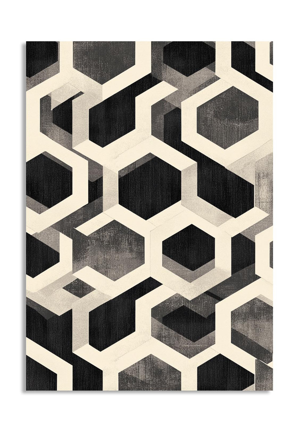 Geometric hexagonal patterned rug with black, gray, and beige colors on a white background, as a premium aluminum metal print from GoMetalPrint.
