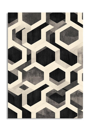 Geometric hexagonal patterned rug with black, gray, and beige colors on a white background, as a premium aluminum metal print from GoMetalPrint.
