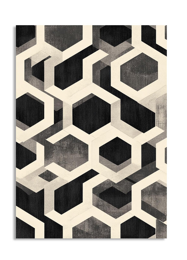 Geometric hexagonal patterned rug with black, gray, and beige colors on a white background, as a premium aluminum metal print from GoMetalPrint.
