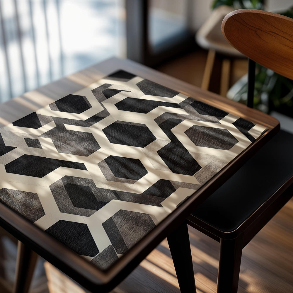 Geometric hexagonal patterned rug with black, gray, and beige colors on a white background, as a premium aluminum metal print from GoMetalPrint.
