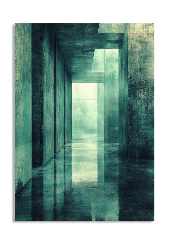 Abstract architectural artwork with teal and gray tones, as a premium aluminum metal print from GoMetalPrint.
