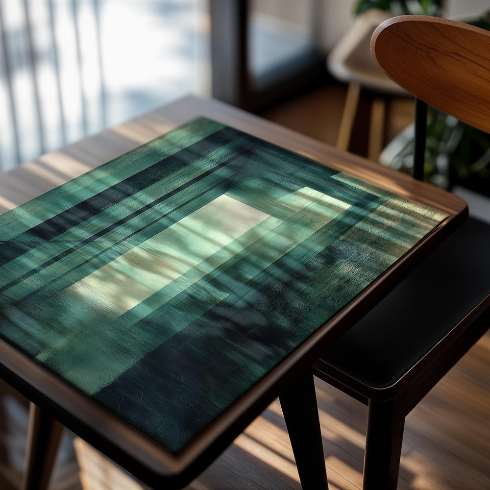 Abstract architectural artwork with teal and gray tones, as a premium aluminum metal print from GoMetalPrint.
